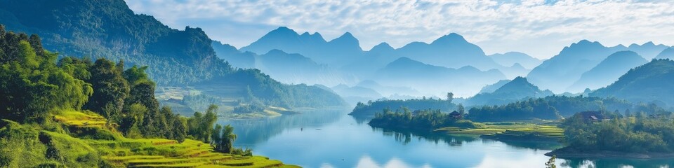 Canvas Print - A beautiful mountain landscape with a river running through it. The sky is blue and the mountains are covered in trees