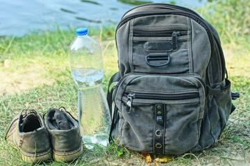 Wall Mural - one old cotton with black zippers fashionable men's stylish worn gray backpack stands on green grass with plastic water bottle and shoes near lake in daytime in nature