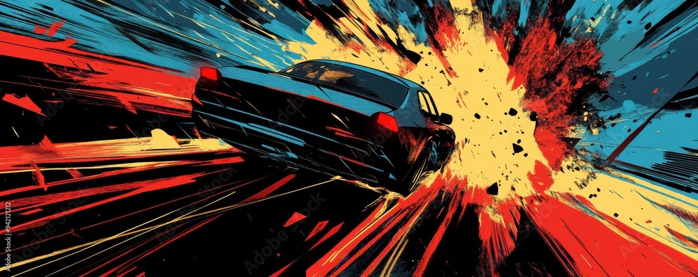 Dynamic comic book-style illustration of a car exploding with vibrant ...