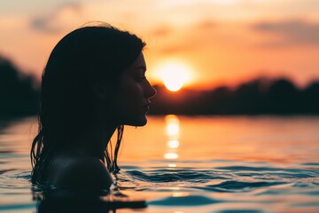 Silhouette of a woman in water at sunset Generative AI