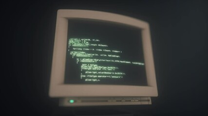 Retro personal computer or PC with loading code console, programmer making scripts, green basic screen. Vintage display or screen