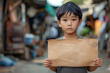 A Young Boy Holding a Blank Sign in a Busy Urban Environment