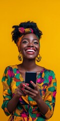 Sticker - A woman with a colorful head scarf and a colorful dress is holding a cell phone. She is smiling and she is happy