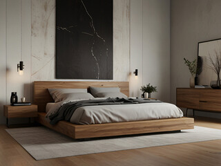 Wall Mural - Sleek Modern Minimalist Bedroom: Low Platform Bed and Abstract Art.