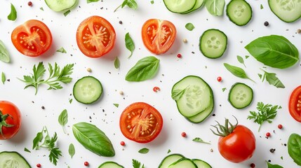 Creative layout made of tomato, cucumber and salad leaves on the white background. Flat lay. Food concept. 