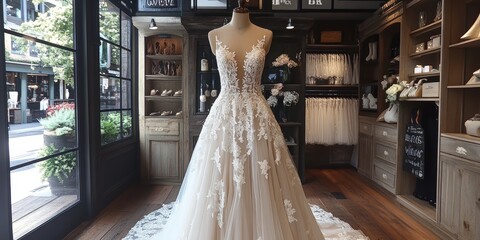 A beautifully adorned wedding dress displayed on a mannequin inside a luxurious bridal shop with elegant decor and abundant natural lighting