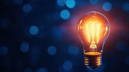 Wall Mural - a glowing incandescent light bulb illuminating against a dark blue background, symbolizing creativit
