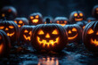 © BOTAHRY DEX - Generative AI illustration of illuminated carved pumpkins with different evil faces in darkness at Halloween night