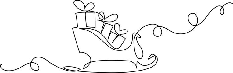 Wall Mural - Santa sleigh with boxes of presents. Continuous one line drawing.