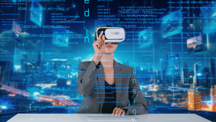 Wall Mural - IT developer typing computer code for analyzing intelligent website development coder system data selection by VR innovation interface digital network technology visual hologram server. Contraption.