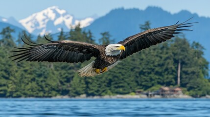 Canvas Print -   A majestic bald eagle soaring above serene water as towering mountains loom in the background