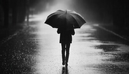 Person walking alone in the rain, with an umbrella that doesn t cover them fully, incomplete protection from loneliness