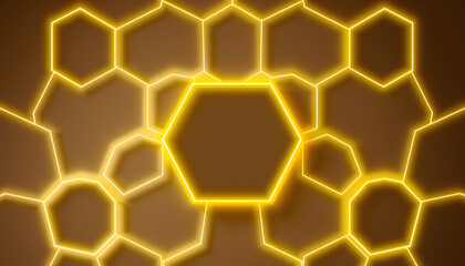 Wall Mural - Contemporary connected hexagon shapes in a repeating geometric honeycomb pattern of bright yellow outlines, PNG transparent background isolated with white highlights, png