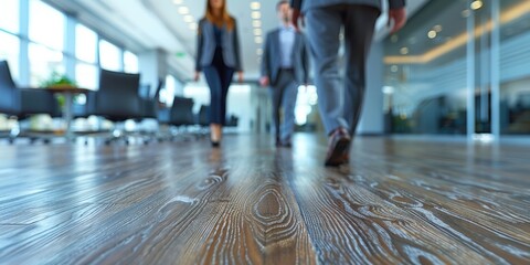 Wall Mural - Three professional individuals walking through a modern office corridor with wooden floors, capturing a dynamic and collaborative business environment