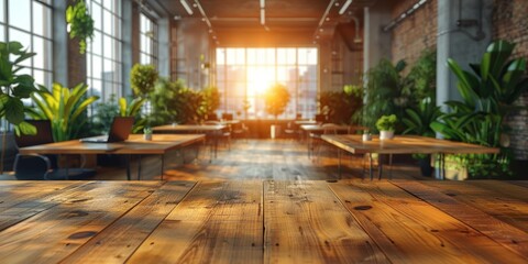 Wall Mural - an inviting modern office space bathed in warm natural light with an abundance of green plants creat