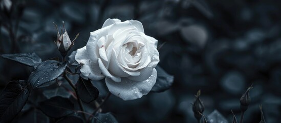 Poster - White Rose Flower Bloom On A Black Background White Roses In A Roses Garden