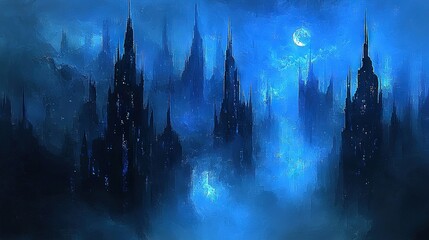 Wall Mural - a city at night under a full moon with starry skies above