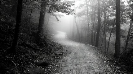 Poster -   A monochrome image of a forest trail on a misty morning with sunlight filtering through the foliage