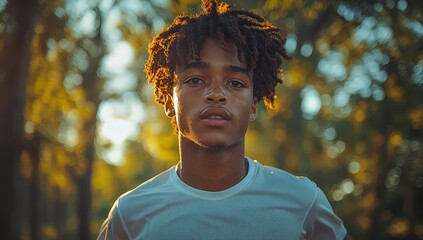 A Black teenager with curly hair, wearing white running shorts and a T-shirt, runs in the park on an early morning. 