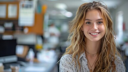 Wall Mural - A young woman with long wavy hair and a radiant smile stands in an office setting, creating a sense of professionalism and warmth in the workplace