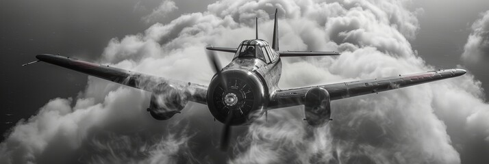 An aerial view of a vintage WWII fighter aircraft captured in dramatic monochrome, flying through dense clouds, highlighting the historical significance and engineering marvel of wartime aviation