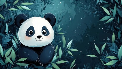 Wall Mural - A cute panda is climbing on bamboo leaves