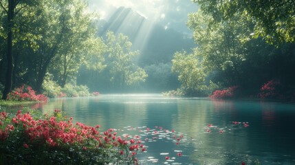 Poster - Serene Lake in a Misty Forest