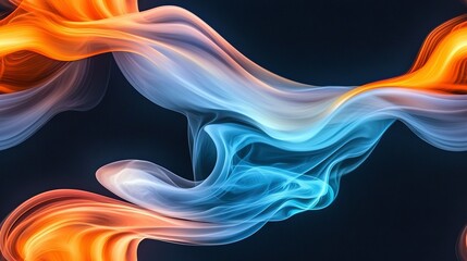 Canvas Print -   A blue, orange, and white smoke swirls on a black background with a blue sky visible in the distance