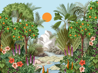 landscape with jungle trees and flowers for kids wallpapers. vector.
