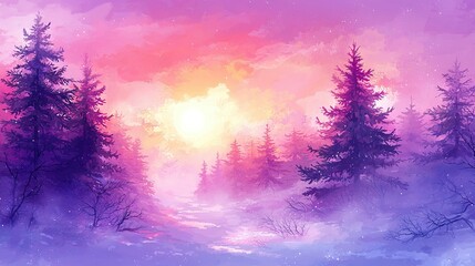 Poster -   Sunset over snowy landscape with trees