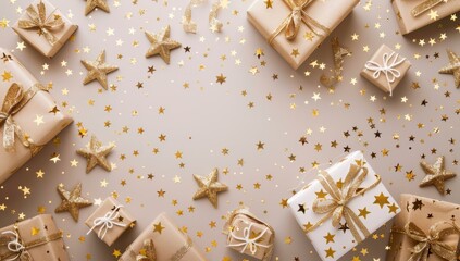 Wall Mural - the top view showcases exquisitely wrapped christmas gifts with golden ribbons, star ornaments, and 