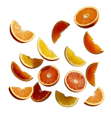 Falling fresh oranges isolated on transparent background. High quality orange sliced png image