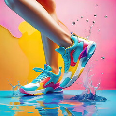 Wall Mural - beautiful women creative sneakers and legs in puddle and splashes of water on white background,