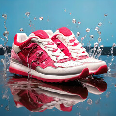 Wall Mural - beautiful women creative sneakers and legs in puddle and splashes of water on white background,