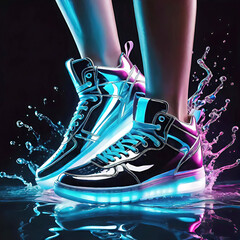 Wall Mural - beautiful women creative sneakers and legs in puddle and splashes of water on white background,