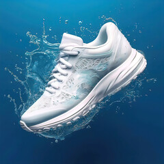 Wall Mural - beautiful women creative sneakers and legs in puddle and splashes of water on white background,