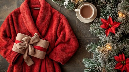 Poster -   A red robe draped over a cup of coffee and a Christmas tree adorned with red poinsettias