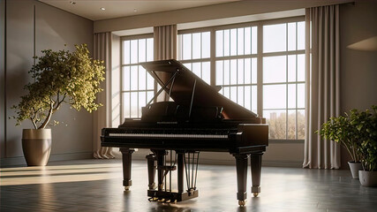 piano stands in the middle of the hall in a villa with a modern design,