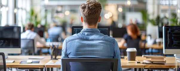 Wall Mural - a focused individual sitting at a modern open office space while working on a computer, surrounded b