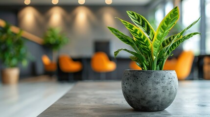 Wall Mural - a beautifully lit modern office space with a concrete pot housing a green plant in the foreground an