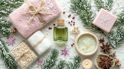 Poster -   A white surface holds a bottle of soap, a bowl of soap, and a cup of tea amid Christmas decorations