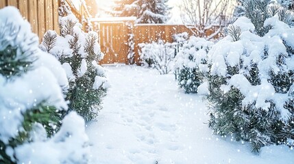 Sticker -   A snow-covered yard with evergreen trees and a wooden fence in the background, as snow falls softly onto the ground and tree branches in the foreground