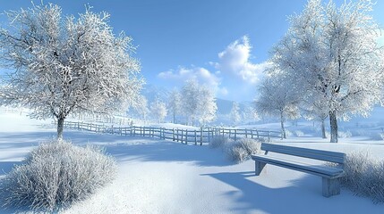 Poster -   A serene winter scene featuring a bench prominently in the foreground and a line of trees beyond the fence