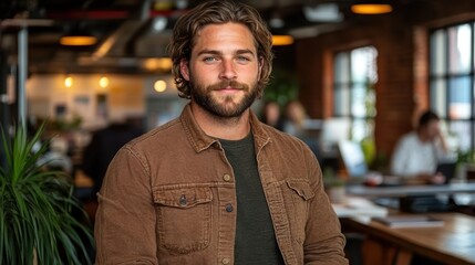 Wall Mural - A confident young man with a beard and casual attire standing in a vibrant modern office environment with colleagues working in the background