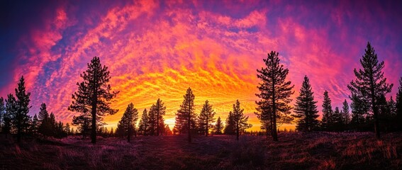 Wall Mural - Panoramic photograph of an incredible, colorful sunset, with pine trees in the foreground silhouetted against the sky Generative AI