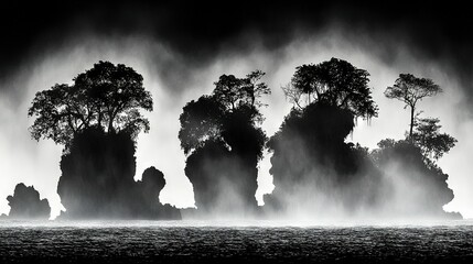 Poster -  A monochromatic image of a cluster of trees perched atop a rocky cliff, surrounded by tranquil water