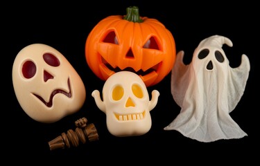 Halloween toys and decoration on dark background.