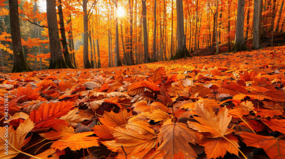 Deep forest in the midst of fall, with a carpet of orange and red ...