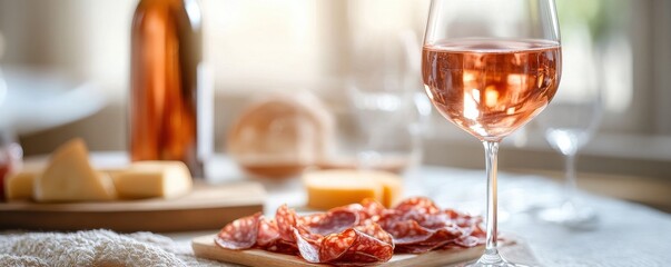 Rosé wine glass and bottle with charcuterie and cheese on a wooden table in soft natural light