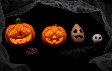 Halloween toys and decoration on dark background.